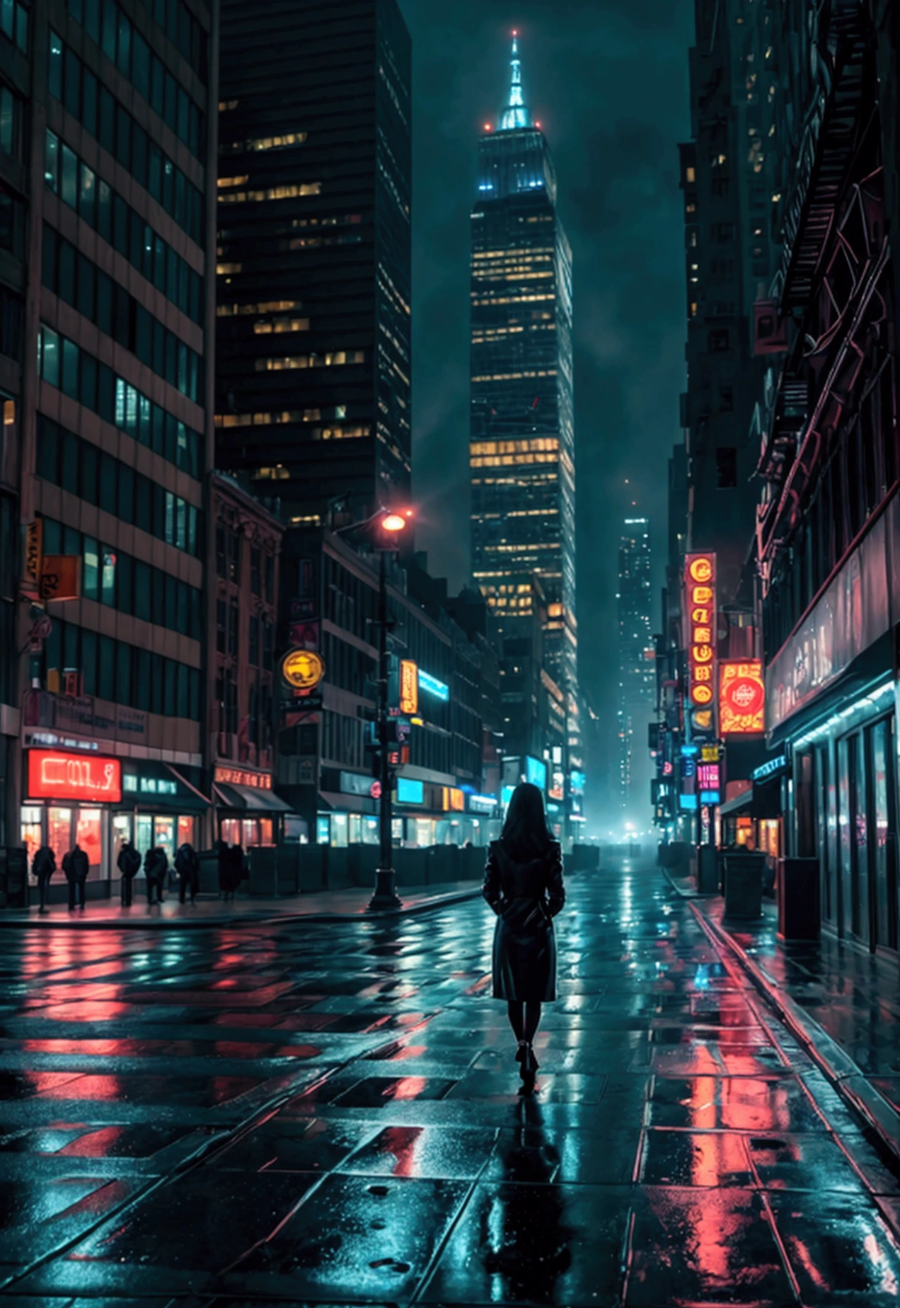 una hermosa mujer asiática caminando de noche en la ciudad de nueva york, rasgos faciales detallados, hermosos ojos detallados, hermosos labios detallados, ojos y rostro extremadamente detallados, Pestañas largas, Realista, photoRealista, photo-Realista:1.37, mejor calidad, 8K, alta resolución, obra maestra:1.2, ultra detallado, hyper-Realista, iluminación cinematográfica, detalles intrincados y melancólicos,  composición cinematográfica,Realista, photoRealista, 8K, mejor calidad, obra maestra, ultra detallado, renderizado basado físicamente, Profesional, avión distante,fondo ultra detallado, cara ultra detallada, verdadera asiática, , Realistic Skin textura, textura, detalleed Eyes, textura, ojos detallados, detalle, Highly detalleed, enfoque nítido, detalleed Skin , tiro de establecimiento, Gran angular, calle de noche, Edificios altos, señales de neón, faros, reflexiones sobre pavimento mojado, niebla atmosférica, Paisaje urbano