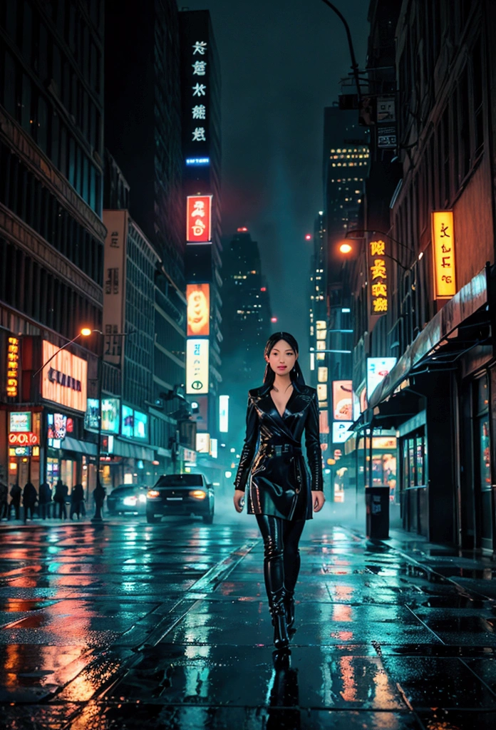 una hermosa mujer asiática caminando de noche en la ciudad de nueva york, rasgos faciales detallados, hermosos ojos detallados, hermosos labios detallados, ojos y rostro extremadamente detallados, Pestañas largas, Realista, photoRealista, photo-Realista:1.37, mejor calidad, 8K, alta resolución, obra maestra:1.2, ultra detallado, hyper-Realista, iluminación cinematográfica, detalles intrincados y melancólicos,  composición cinematográfica,Realista, photoRealista, 8K, mejor calidad, obra maestra, ultra detallado, renderizado basado físicamente, Profesional, avión distante,fondo ultra detallado, cara ultra detallada, verdadera asiática, , Realistic Skin textura, textura, detalleed Eyes, textura, ojos detallados, detalle, Highly detalleed, enfoque nítido, detalleed Skin , tiro de establecimiento, Gran angular, calle de noche, Edificios altos, señales de neón, faros, reflexiones sobre pavimento mojado, niebla atmosférica, Paisaje urbano