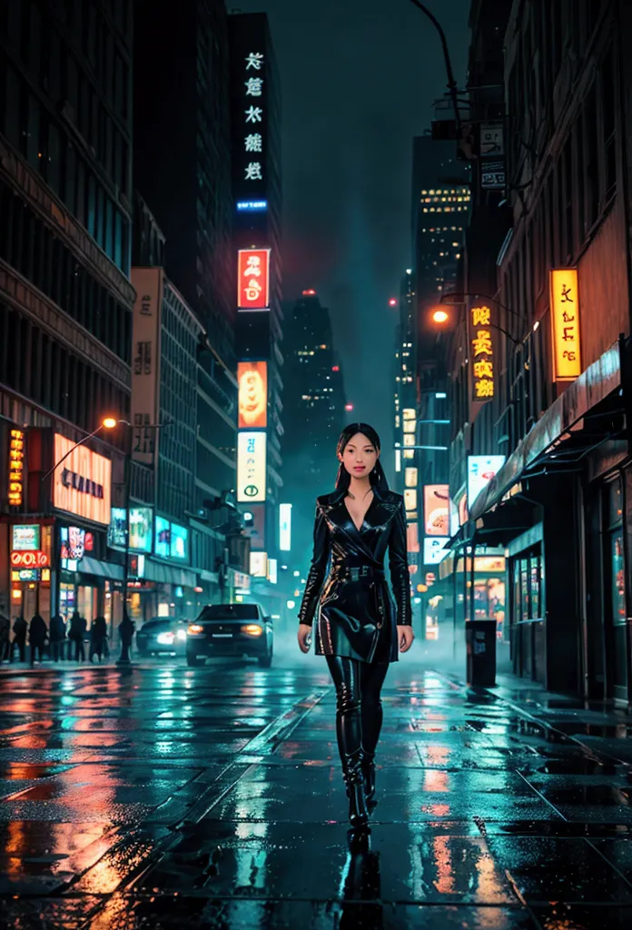 a beautiful asian woman walking at night in new york city, detailed facial features, beautiful detailed eyes, beautiful detailed...