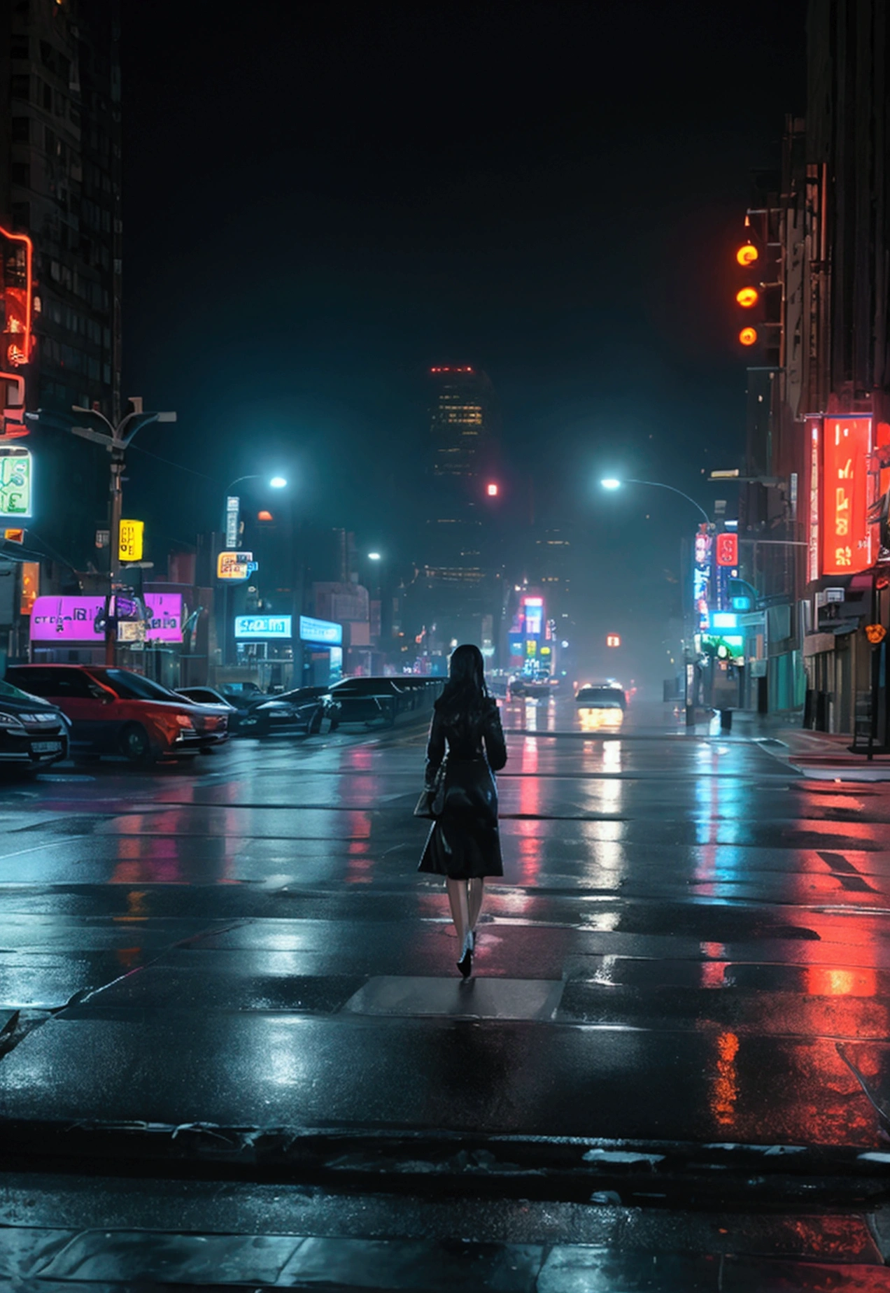 a beautiful asian woman walking at night in new york city, detailed facial features, beautiful detailed eyes, beautiful detailed lips, extremely detailed eyes and face, long eyelashes, realistic, photorealistic, photo-realistic:1.37, best quality, 8k, highres, masterpiece:1.2, ultra-detailed, hyper-realistic, cinematic lighting, moody atmospheric lighting, intricate details, dramatic shadows, vibrant colors, cinematic composition, establishing shot, wide angle, street at night, tall buildings, neon signs, headlights, reflections on wet pavement, atmospheric fog, urban landscape