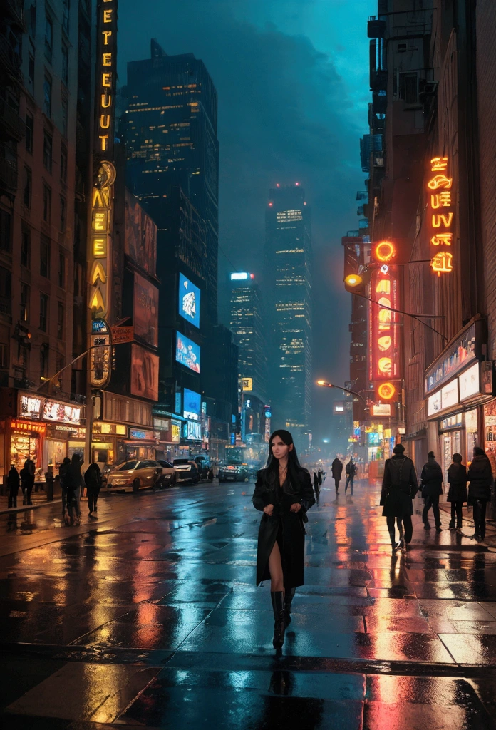 a beautiful asian woman walking at night in new york city, detailed facial features, beautiful detailed eyes, beautiful detailed lips, extremely detailed eyes and face, long eyelashes, realistic, photorealistic, photo-realistic:1.37, best quality, 8k, highres, masterpiece:1.2, ultra-detailed, hyper-realistic, cinematic lighting, moody atmospheric lighting, intricate details, dramatic shadows, vibrant colors, cinematic composition, establishing shot, wide angle, street at night, tall buildings, neon signs, headlights, reflections on wet pavement, atmospheric fog, urban landscape