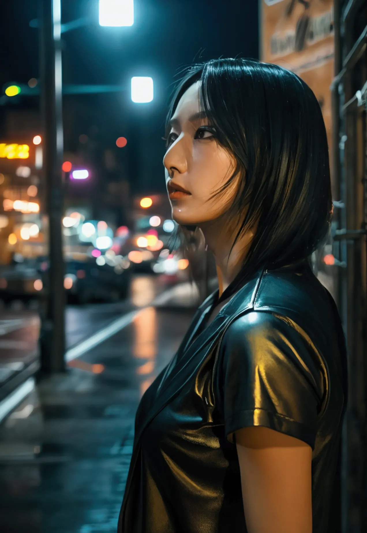 a beautiful asian woman walking at night in new york city, detailed facial features, beautiful detailed eyes, beautiful detailed...