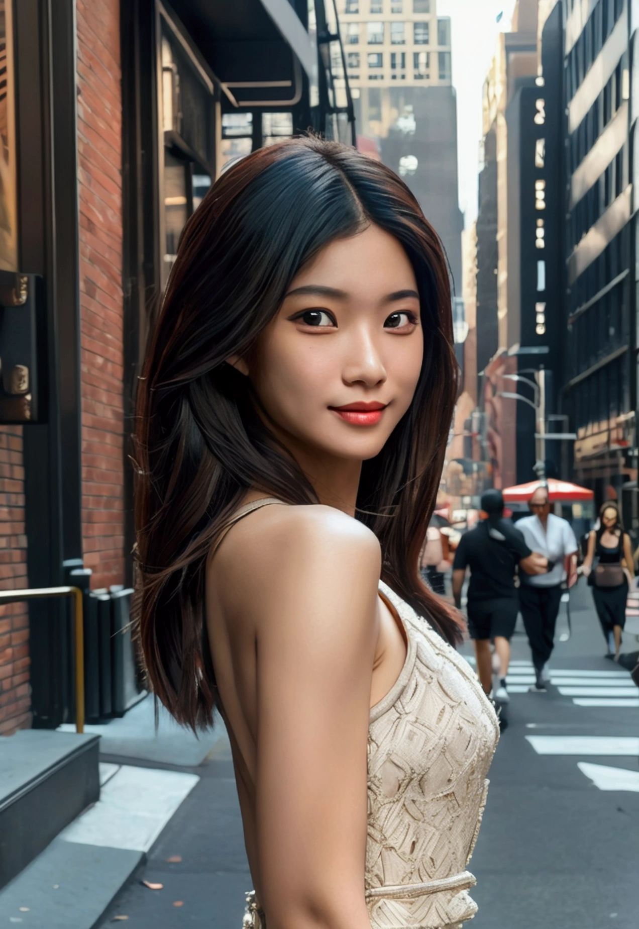 a beautiful asian girl walking down a new york city street, detailed facial features, high quality detailed skin, detailed dress, street scenery, realistic lighting, 8k, hyper detailed, photorealistic, concept art style