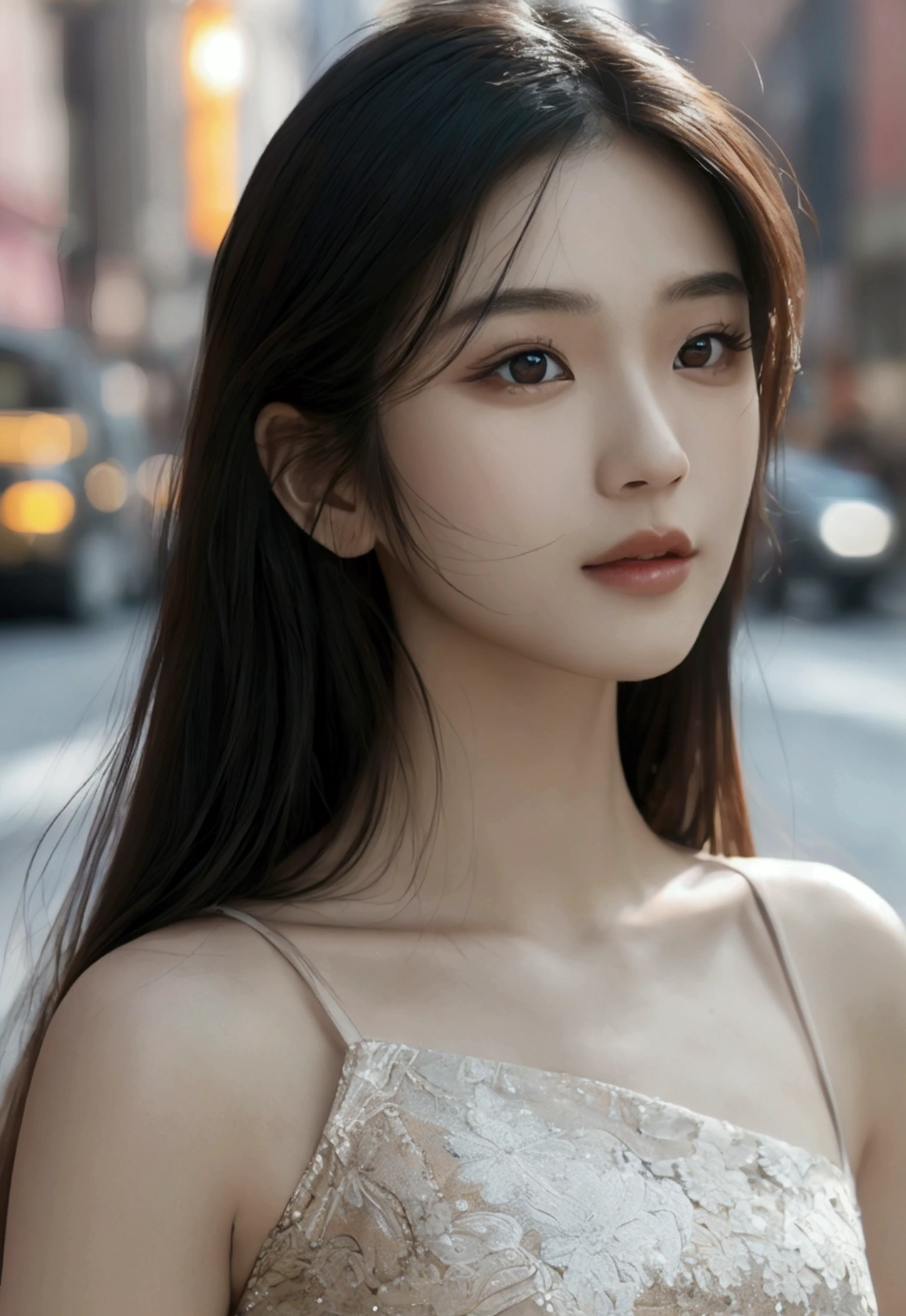 a beautiful asian girl walking down a new york city street, detailed facial features, high quality detailed skin, detailed dress, street scenery, realistic lighting, 8k, hyper detailed, photorealistic, beautiful detailed eyes, beautiful detailed lips, extremely detailed eyes and face, long eyelashes, realistic, photorealistic, photo-realistic:1.37, best quality, 8k, highres, masterpiece:1.2, ultra-detailed, hyper-realistic, cinematic lighting, moody intricate details, cinematic composition,realistic, photorealistic, 8k, best quality, masterpiece, ultra-detailed, physically-based rendering, professional, plan eloignéé,ultra detailed background, ultra detailed face, real asian, , Realistic Skin Texture, Texture, Detailed Eyes, textur