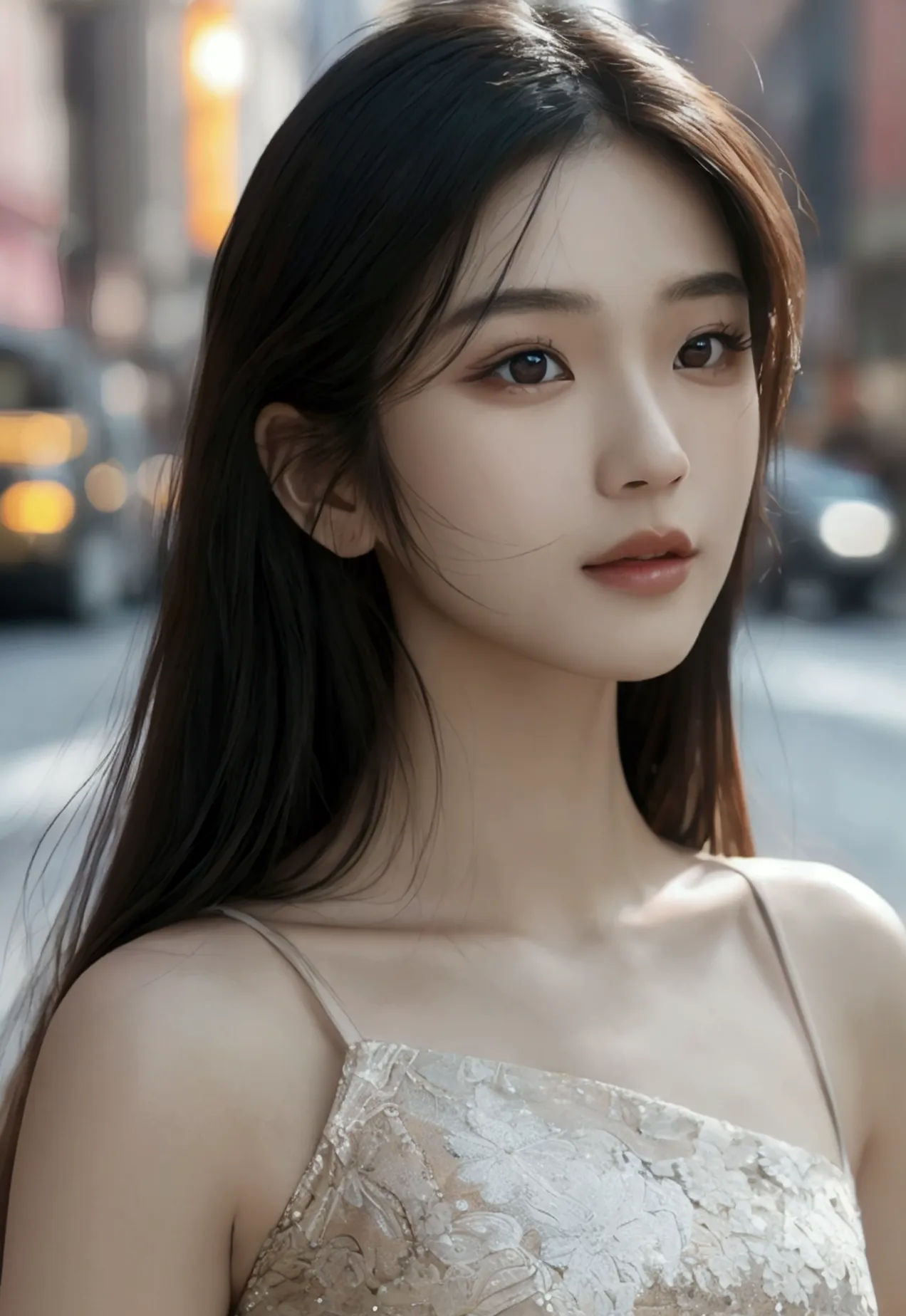 a beautiful asian girl walking down a new york city street, detailed facial features, high quality detailed skin, detailed dress...