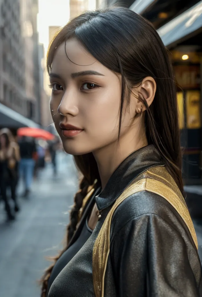 a beautiful asian girl walking down a new york city street, detailed facial features, high quality detailed skin, detailed dress...