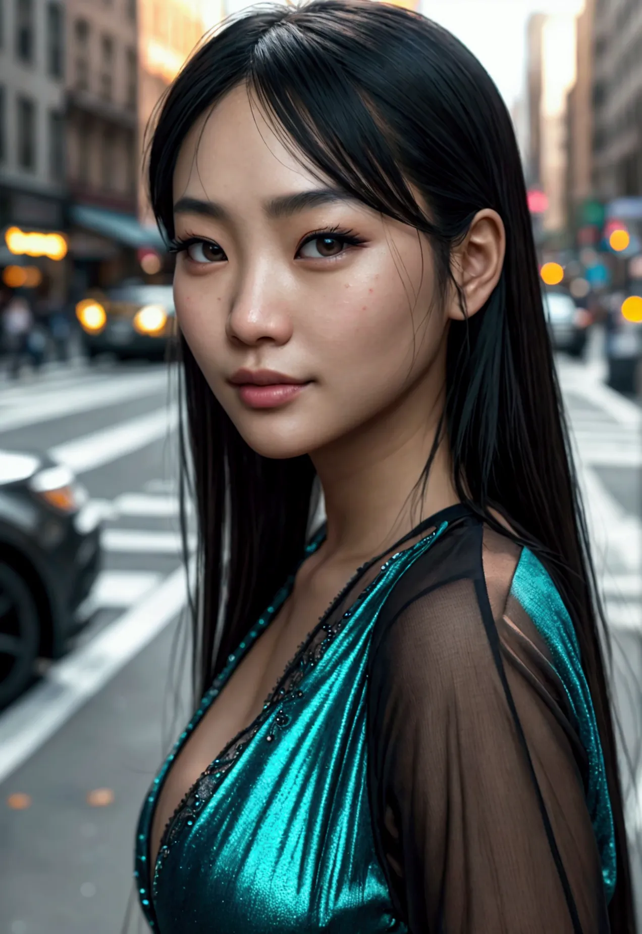 a beautiful asian girl walking down a new york city street, detailed facial features, high quality detailed skin, detailed dress...