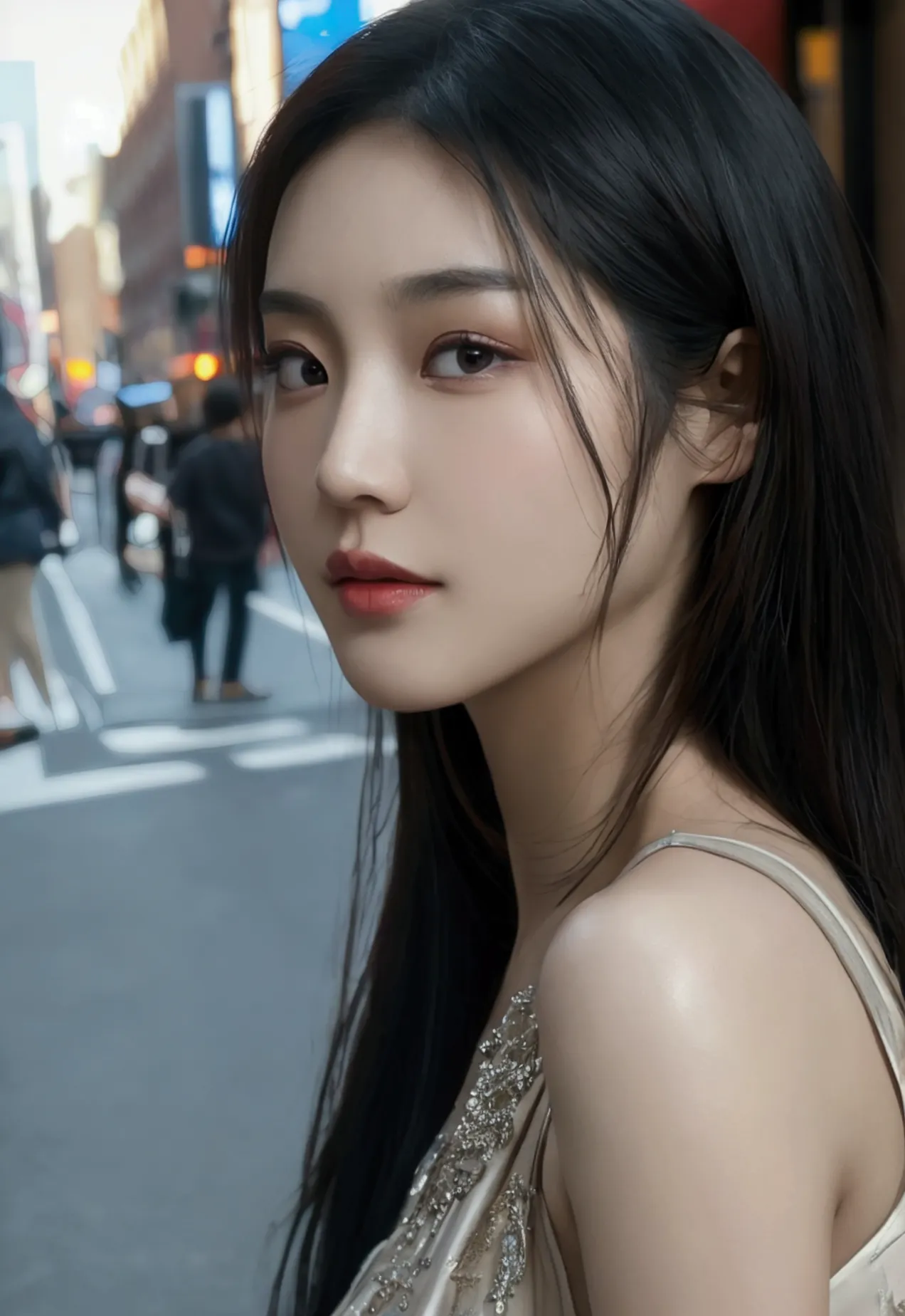 a beautiful asian girl walking down a new york city street, detailed facial features, high quality detailed skin, detailed dress...