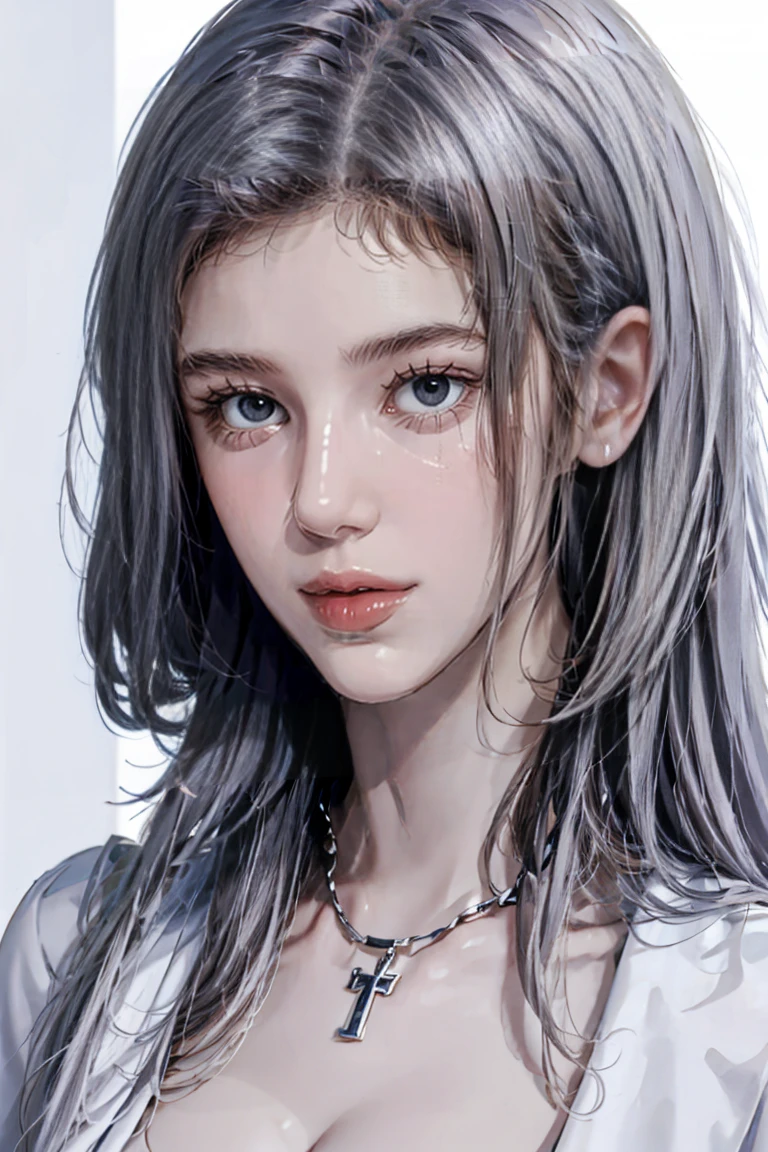 ((Woman with tattoo on chest)), girl, ((long white hair with bangs,,, Black strands of hair)), Purple eyes, White T-shirt and white cape, Pendant around the neck. 超High resolution.Realistic. 超High resolution.Realistic:1.4,超High resolution. Realistic，High resolutionで, masterpiece, Highest quality, Very detailed, Better Shadows, Volumetric lighting), super high quality, High resolution, 8k, 超Realisticな肖像画 , Realistic, Dynamic Lighting, Volumetric lighting, Very detailed顔,(Browsing Caution:1.0), Full Body Stand Posture, Thin legs, ((Large Breasts)), Detailed facial details, Natural and beautiful standing posture,