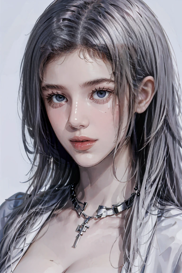 ((Woman with tattoo on chest)), girl, ((long white hair with bangs,,, Black strands of hair)), Purple eyes, White T-shirt and white cape, Pendant around the neck. 超High resolution.Realistic. 超High resolution.Realistic:1.4,超High resolution. Realistic，High resolutionで, masterpiece, Highest quality, Very detailed, Better Shadows, Volumetric lighting), super high quality, High resolution, 8k, 超Realisticな肖像画 , Realistic, Dynamic Lighting, Volumetric lighting, Very detailed顔,(Browsing Caution:1.0), Full Body Stand Posture, Thin legs, ((Large Breasts)), Detailed facial details, Natural and beautiful standing posture,