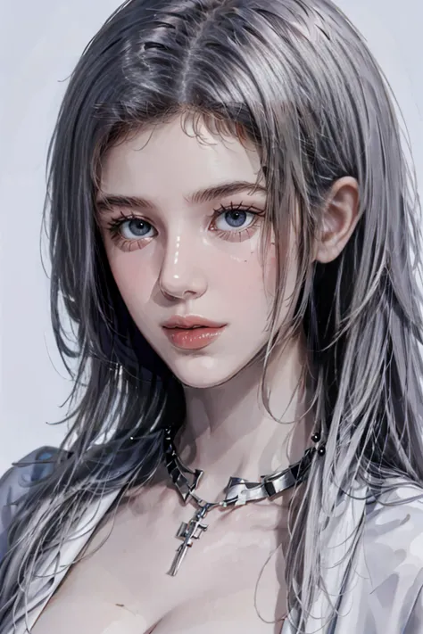 ((woman with tattoo on chest)), girl, ((long white hair with bangs,,, black strands of hair)), purple eyes, white t-shirt and wh...