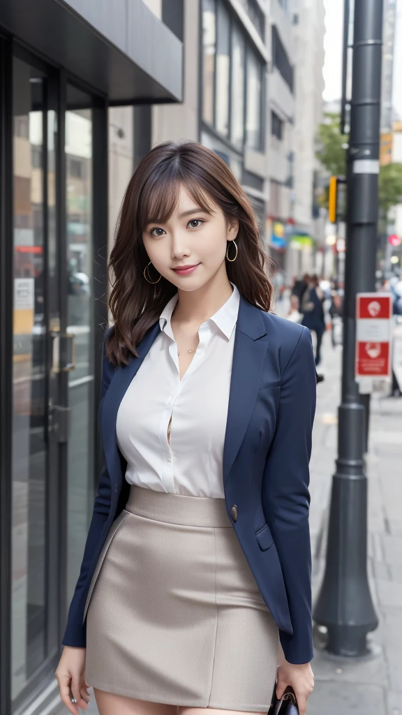 Woman in a suit standing on the sidewalk,((25-year-old woman))、small Breasts、Dark brown hair color、Hairstyle with bangs、Various hairstyles、Hairstyles of different lengths、(8k, RAW Photos, highest quality, Tabletop: 1.2),、(Realistic, Realistic: 1.3), Cityscape, Day, Sunny Morning, Professional Lighting, Photon Mapping, shirt, (Woman in a suit,) Silk Suit、Pencil Skirt、Tight Skirt、((Delicate photo))，(Detailed RAW Photos of Girls), (Tabletop:1.25), (highest quality:1.6), (超A high resolution:1.5), (Realistic:1.75), 8k resolution, Canon EOS R5, 50mm, absurdes, Ultra-detailed,Cinema Lighting, (Skirt Lift:1.4)、nsfw、the wind is strong、smile、Skirt flipped up、sexy panties