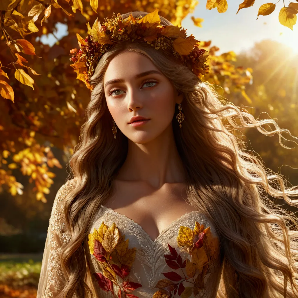 a goddess of harvest, detailed face and eyes, long flowing hair, beautiful detailed dress, elegant and graceful pose, intricate ...