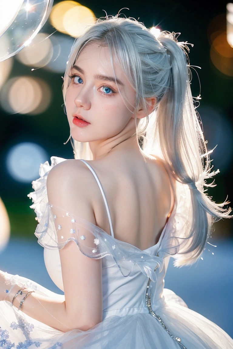 Georgeous, Beautiful, Cute, Baby Face, 18 Years Old, White Skin, Cleavage, ((Large Colossal Breast:1.3)), Sleeveless, Off Shoulder, Strapless, ((Transparent:1.3)), ((White Long Lolita Dress)), (Embroidery), Posing, ((Silver Hair)), ((Bright Blue Eye)), ((Muscles:1.2)), ((Bokeh:1.3)), Animal Farmer Background, Masterpiece, Twintails, Arms Up