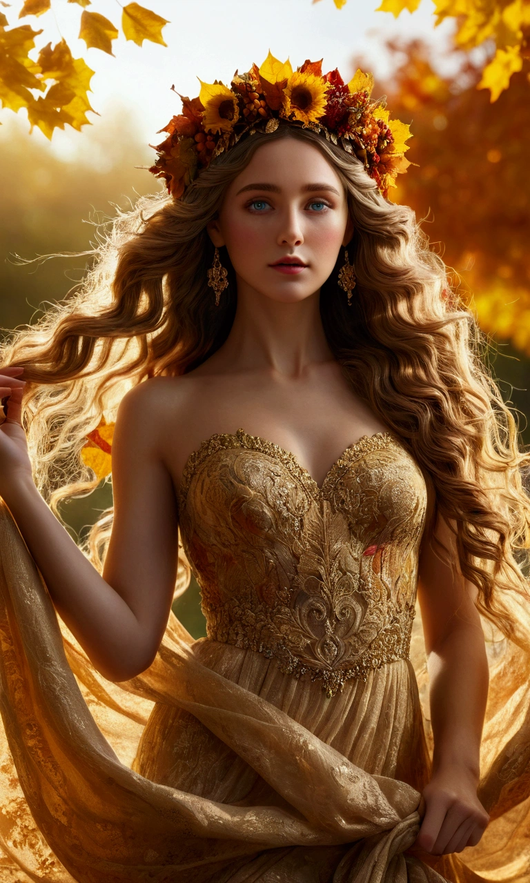 a goddess of harvest, detailed face and eyes, long flowing hair, beautiful detailed dress, elegant and graceful pose, intricate floral crown, autumn landscape, golden sunlight, vibrant warm colors, detailed texture, (best quality,4k,8k,highres,masterpiece:1.2),ultra-detailed,(realistic,photorealistic,photo-realistic:1.37),cinematic lighting,lush foliage,dramatic shadows