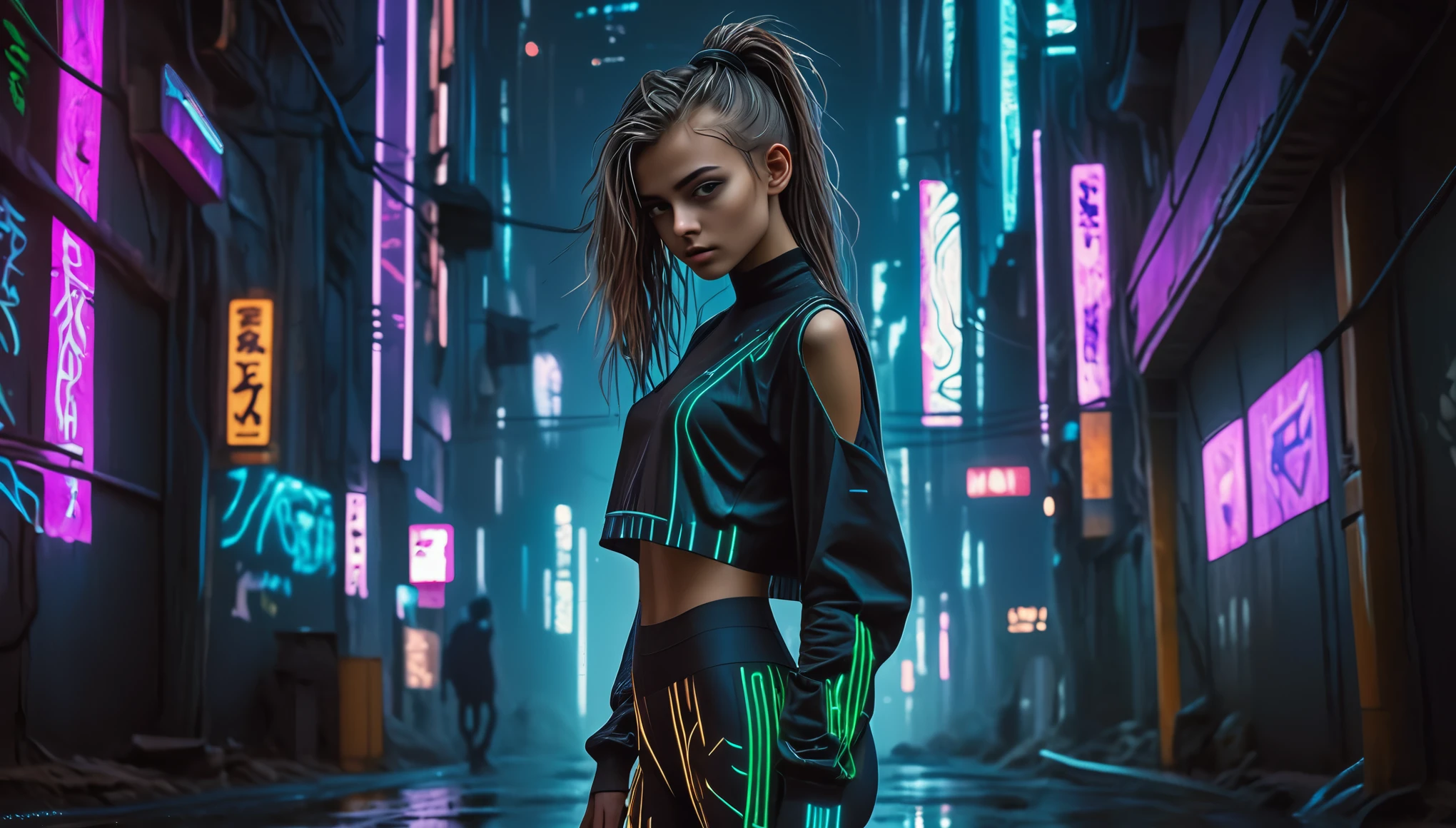 Top Quality, Masterpiece, High Resolution, 8k, (((cute skinny barely legal girl in oversized loose crop top with deep cleavage, deep neckline and wetlook leggings, small perky breasts, beautiful detailed eyes, beautiful detailed lips, small closed mouth, extremely detailed face, pale skin, random long hair style, small hips, working out in cyberpunk apartment))), moody atmosphere, dramatic and random neon colors, futuristic setting, intricate details, at night, backlit, random neon color, full body shot, view from distance, random pose