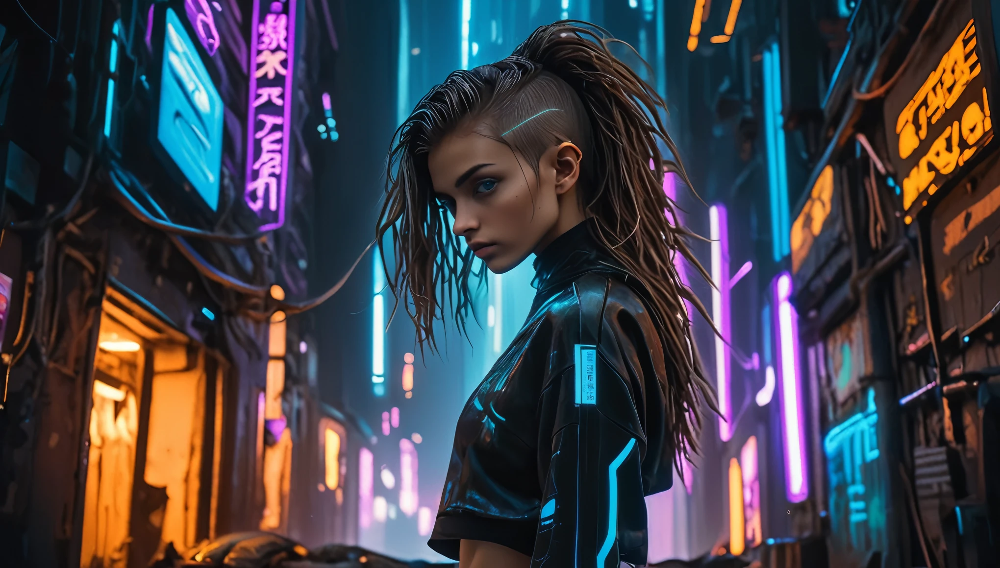 Top Quality, Masterpiece, High Resolution, 8k, (((cute skinny barely legal girl in oversized loose crop top with deep cleavage, deep neckline and wetlook leggings, small perky breasts, beautiful detailed eyes, beautiful detailed lips, small closed mouth, extremely detailed face, pale skin, random long hair style, small hips, in cyberpunk apartment,next to a couch))), moody atmosphere, dramatic and random neon colors, futuristic setting, intricate details, at night, backlit, random neon color, full body shot, view from distance, random pose