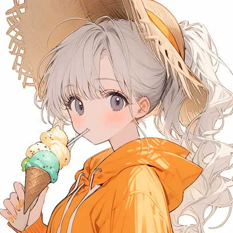 girl, white hair, ponytail hair, light orange mesh hair,black and gray eyes, light orange hoodie, ice cream, straw hat , white b...