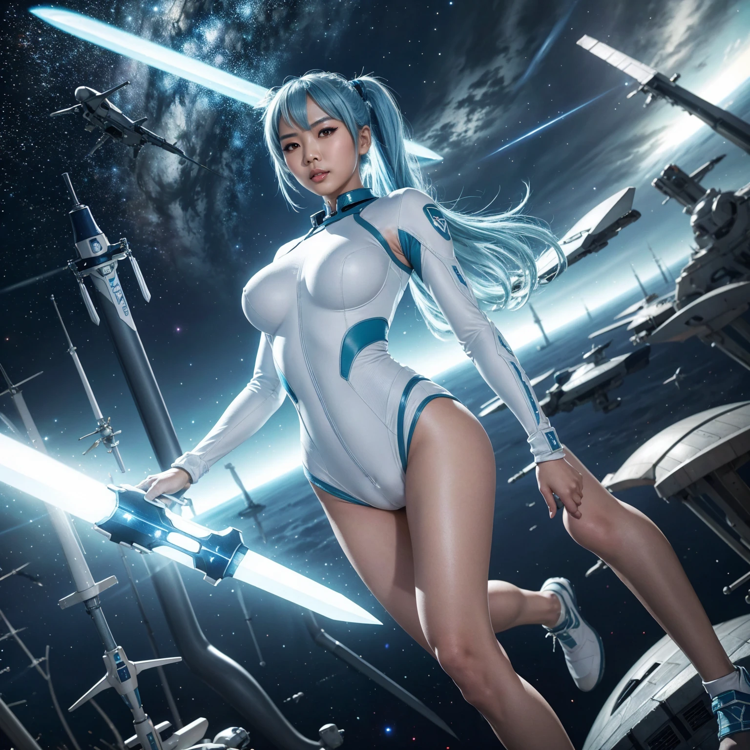 4K,hight resolution,One Asian Woman, light blue hair,poneyTail.Green eyes,Colossal ,White Cybersuit,Bodysuits, (holding Longsword), spaceship at the background in the space,Axe