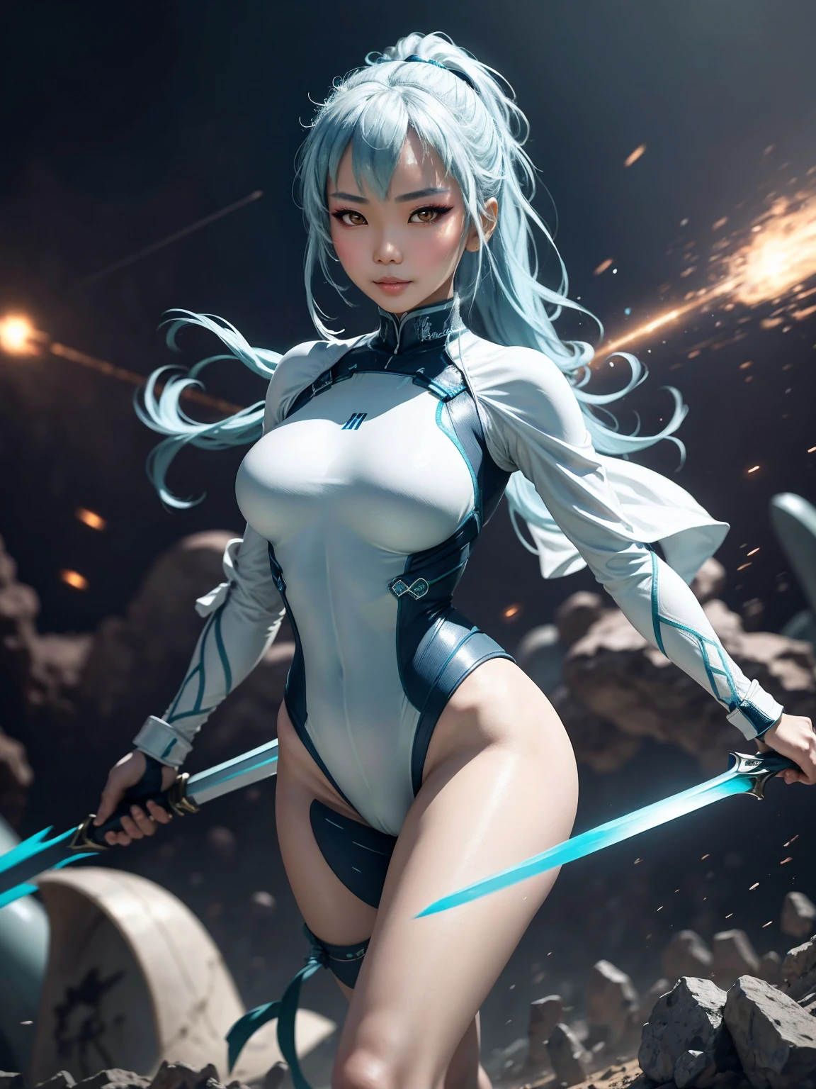 4K,hight resolution,One Asian Woman, light blue hair,poneyTail.Green eyes,Colossal ,White Cybersuit,Bodysuits, (holding Longsword), spaceship at the background in the space,Axe