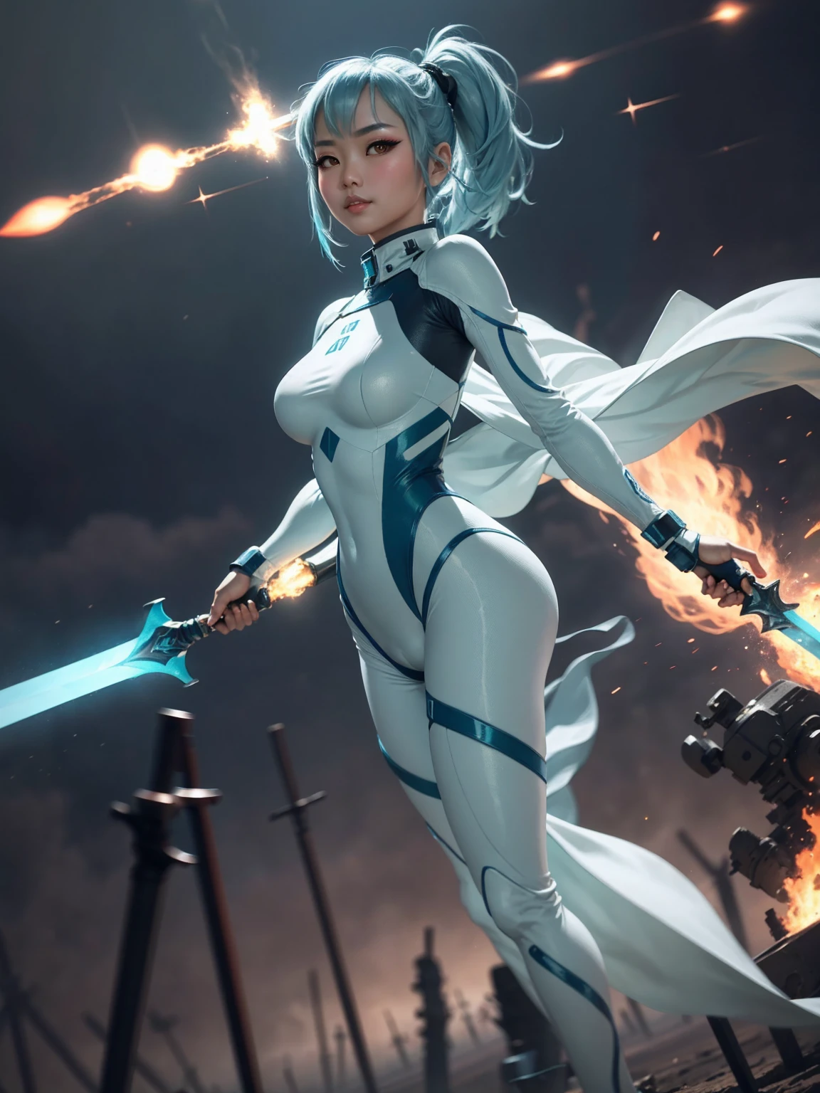 4K,hight resolution,One Asian Woman, light blue hair,poneyTail.Green eyes,Colossal ,White Cybersuit,Bodysuits, (holding Longsword), spaceship at the background in the space,Axe