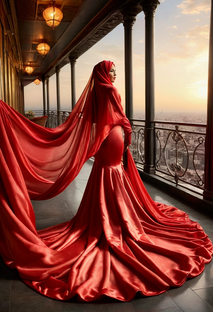 An alluring woman shrouded in a 4-meter-long, plush red satin cloth, tightly bound and grandly draping along the form of her body, flowing off into a pooled floor-length train, styled in a mermaid-inspired outfit, her head modestly veiled in a satin hijab, over loong outfit stuck in something,stand in balcony,a full-body pose conveying a sense of mysterious elegance, captured in a 4k resolution, ultra-realistic