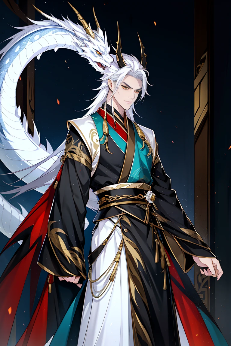 dragon man, Hanfu, long sword, cabelos preto e longos, golden eyes，white hair , A human half dragon with horns ,  black with gold details reminiscent of dragon scale , the night，starrysky，rays of moonlight，Asian architecture，Best quality at best，16k,tmasterpiece，