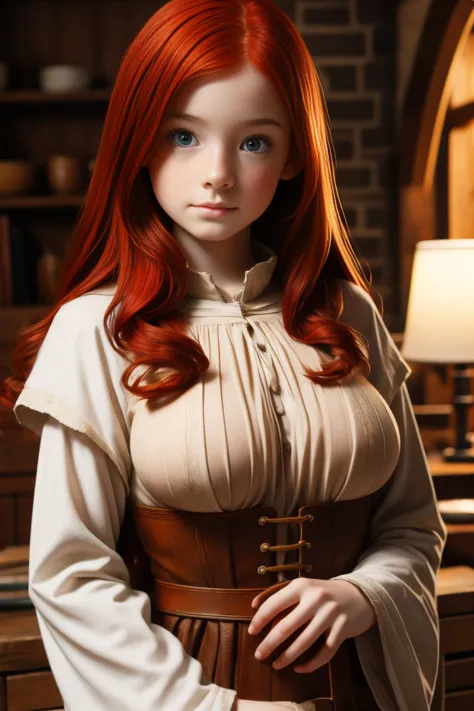 very pretty and beautiful redhead girl, freckles,10 year old medieval girl with super big and huge breasts.