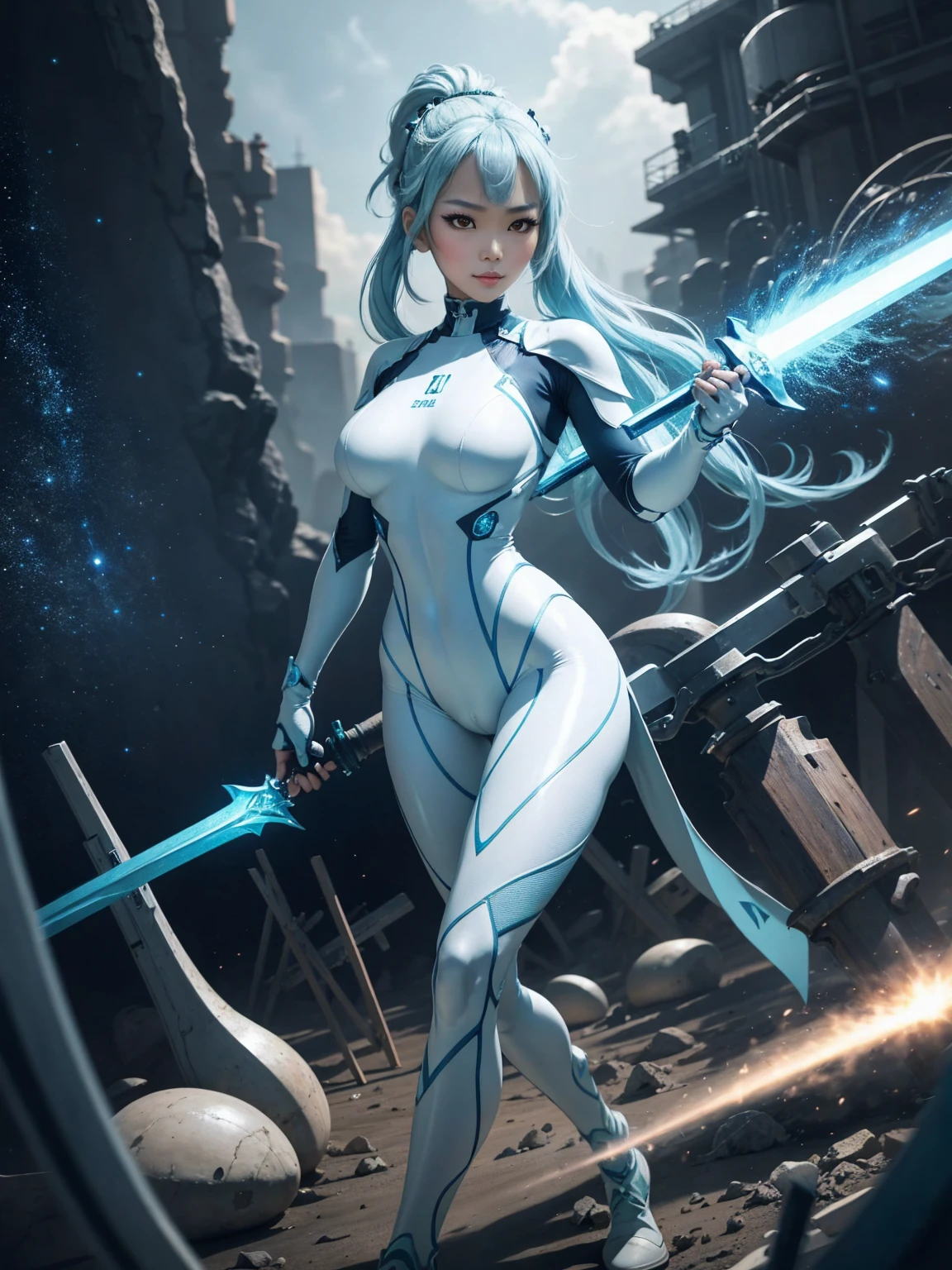 4K,hight resolution,One Asian Woman, light blue hair,poneyTail.Green eyes,Colossal ,White Cybersuit,Bodysuits, (holding Longsword), spaceship at the background in the space,Axe