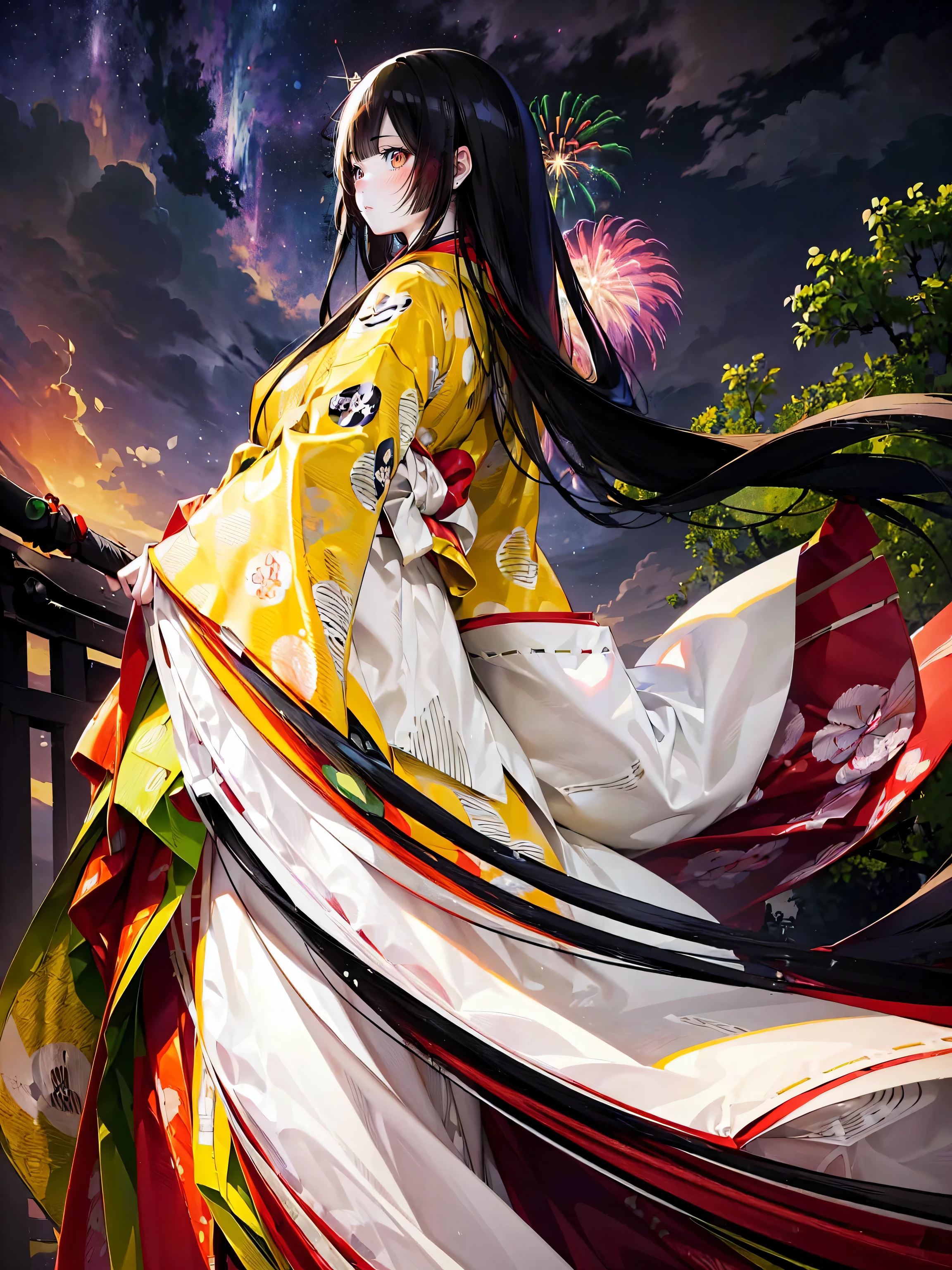 (solo japanese girl:1.3), (Straight long hair, Shiny and glossy black hair:1.3), Karaginu jacket, Long hakama, The cuffs and chest of the five-piece garment, Wearing Imperial Kimono, Imperial Patterns, (huge breasts), (from front), (cowboy shot), (looking up, from below:1.3), ((firework, in night sky:1.3)), ((Superbly detailed drawing, ultra detailed, exquisite quality, absolutely resolution)), (moe animation art style:1.5)