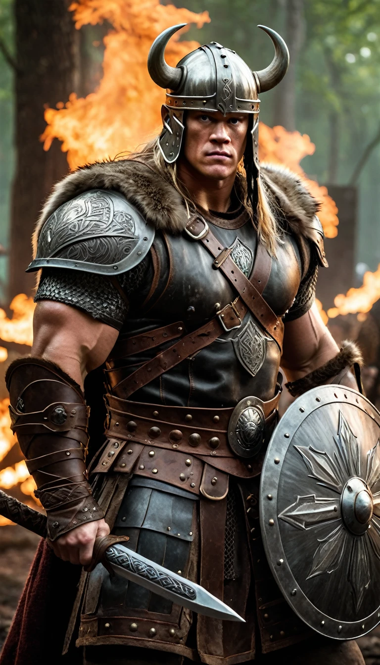 Imagine John Cena transformed into a fierce Viking warrior. He stands tall and powerful, with a robust, muscular Viking body adorned in intricate, weathered armor. His eyes are intense, full of determination, and his face is partially covered by a traditional Viking helmet with horns. In his right hand, he grips a massive, ornate sword that glows faintly with an ancient runic power. His left hand holds a large, round shield emblazoned with Norse symbols and battle scars from countless clashes.

The setting is a dense, untamed jungle, with massive trees and thick foliage. Flames and fire sparkles flicker around him, casting dramatic shadows and highlights on his form. The background is alive with the chaos of battle—other Viking warriors, distant fires, and the clash of weapons.

The depth of field focuses sharply on John Cena, making every detail of his Viking transformation hyper-realistic and hyper-detailed. The texture of his armor, the sweat on his brow, and the sparks from the fire are all vividly clear. Visual effects like embers floating in the air, the gleam of his sword, and the play of light and shadow on his shield enhance the drama and intensity of the scene.