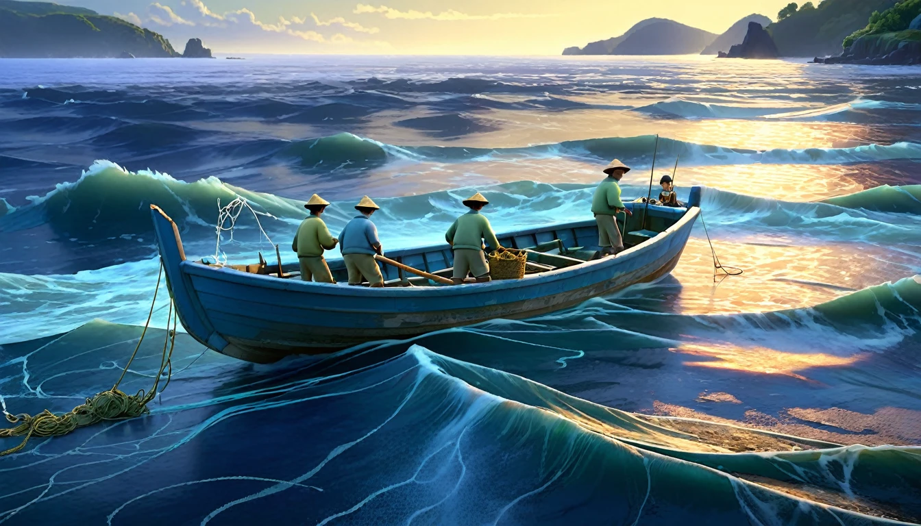 Pixar character design, fishermen on a boat, casting nets into the blue sea. The scene is illuminated by the soft light of dawn, with waves gently rocking the boat. The mood is hopeful and serene.