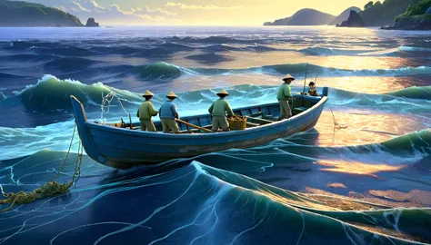 Pixar character design, fishermen on a boat, casting nets into the blue sea. The scene is illuminated by the soft light of dawn,...