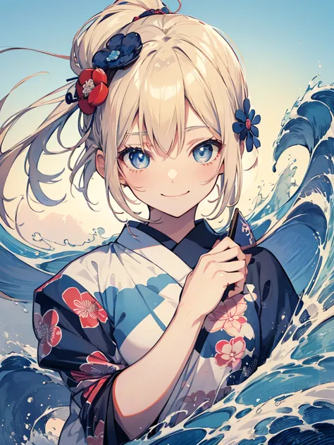 Japanese style t-shirt design, Hokusai Wave, Hokusai Stil, with modern anime elements,((Beautiful blue eyes)) blonde hair,ロング、髪を...