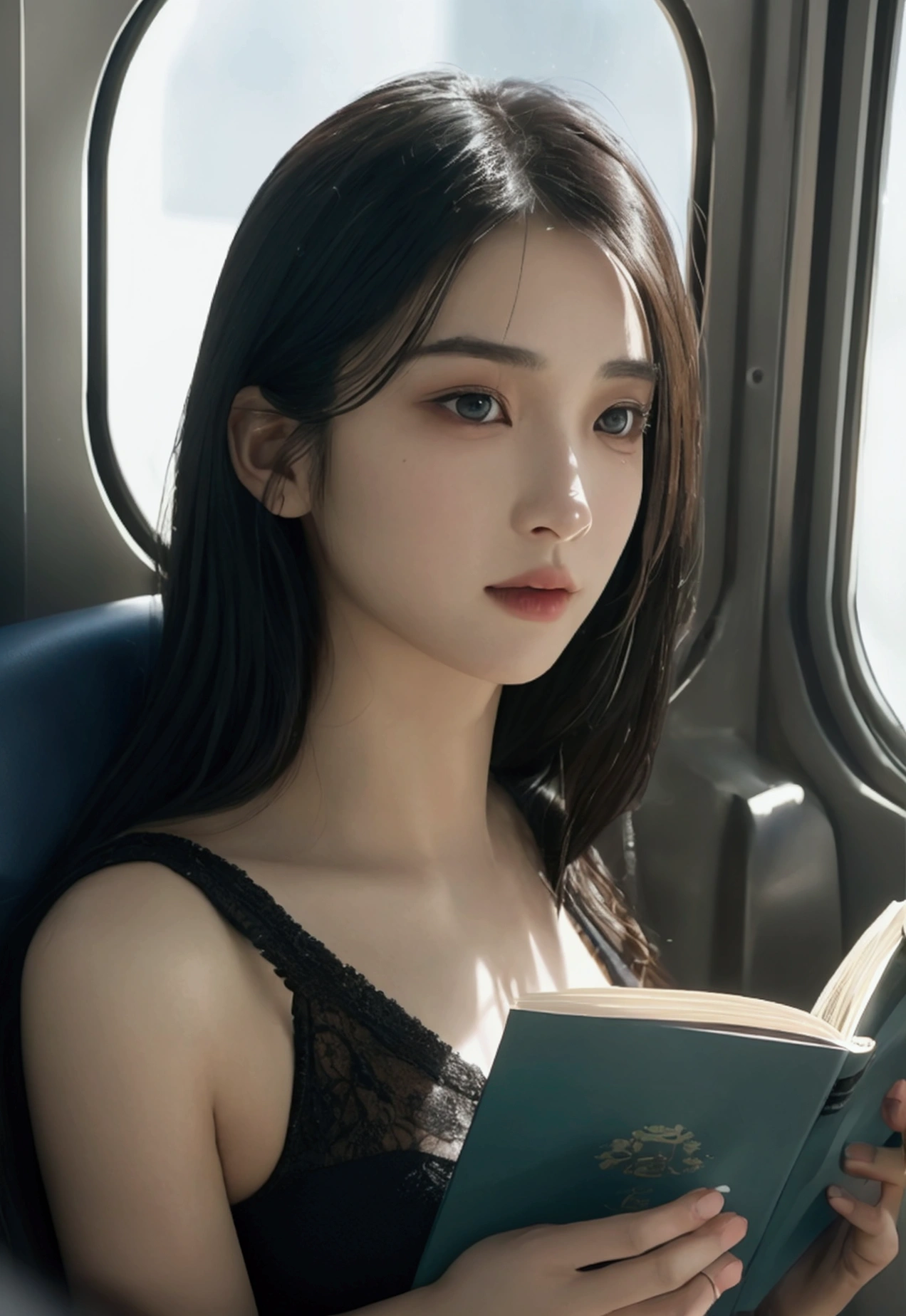 a asian girl  read a book, on a train, cinematic lighting, porcelain, photorealistic, 8k, highly detailed, masterpiece, hyper realistic, award winning photography, Realistic Skin Texture, Texture, Detailed Eyes, texture, eyes detailled, Detail, Highly Detailed, Sharp Focus, Detailed Skin,ultra detailed background, ultra detailed face,etailed facial features, beautiful detailed eyes, beautiful detailed lips, extremely detailed eyes and face, long eyelashes, realistic, photorealistic, photo-realistic:1.37, best quality, 8k, highres, masterpiece:1.2, ultra-detailed, hyper-realistic, cinematic lighting, moody atmospheric lighting, intricate details, dramatic shadows, vibrant colors, cinematic composition,realistic, photorealistic, 8k, best quality, masterpiece, ultra-detailed, vivid colors, studio lighting, physically-based rendering, professional, no blurring, maximal background detail