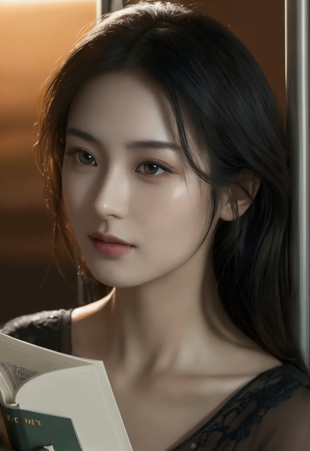 plan eloignée, a asian girl read a book, her eyes on the book, in a train, cinematic lighting, porcelain, photorealistic, 8k, hi...