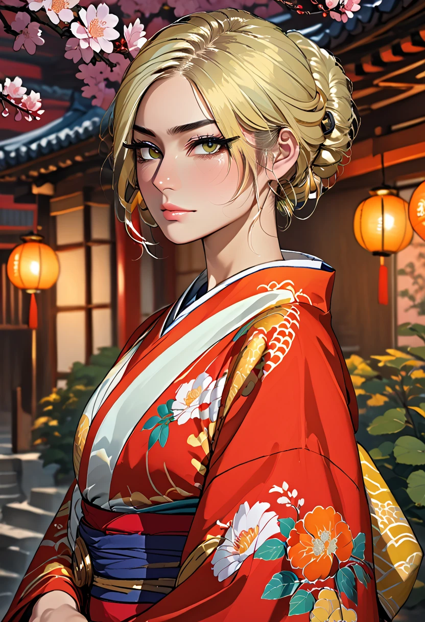 score_9, score_8_up, score_7_up, score_6_up, score_5_up, score_4_up, BREAK 1girl, ((muscular body:1)), intricate, kimono, (eyeliner:1.2), looking at viewer, bob hairstyle, blonde, jewelry, detailed background,huge breasts (masterpiece, high quality:1),
