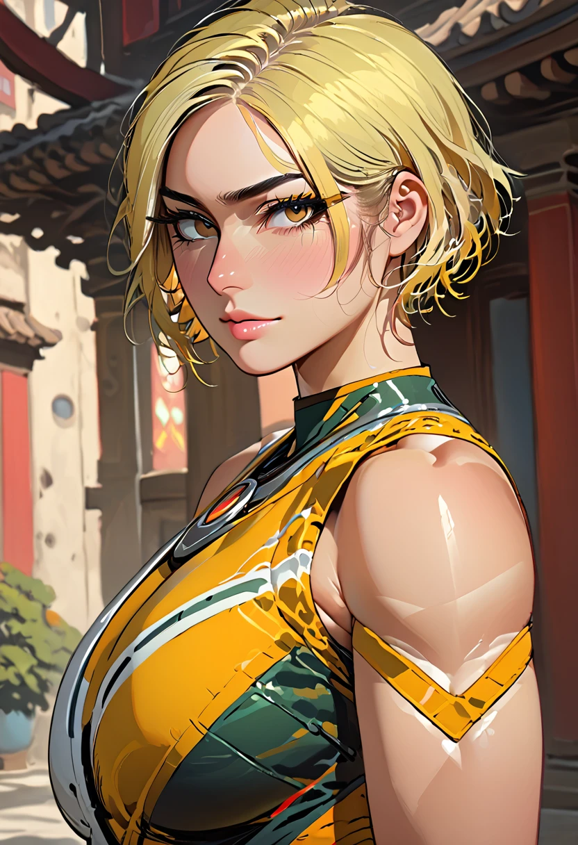 score_9, score_8_up, score_7_up, score_6_up, score_5_up, score_4_up, BREAK 1girl, ((muscular body:1)), intricate (eyeliner:1.2), looking at viewer, bob hairstyle, blonde, detailed background,huge breasts (masterpiece, high quality:1),
