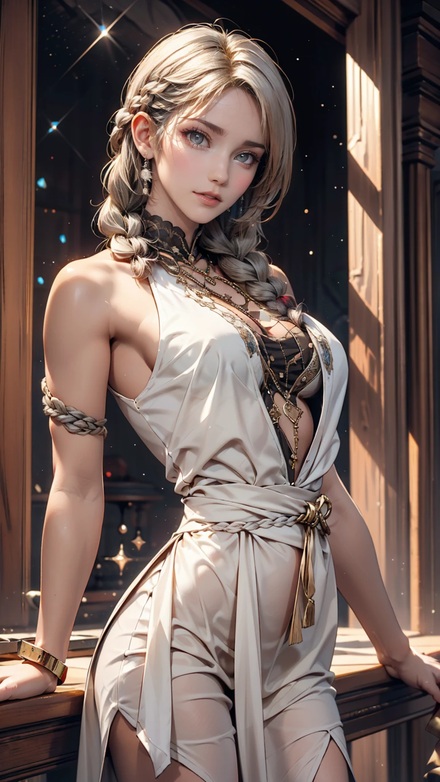 24-year-old woman、Multi braid((multiple braids))、Silver Hair、Sexy proportions、Narrow waist、Galileo Galilei&#39;s Residence（Medieval European atmosphere)、Galileo Telescope