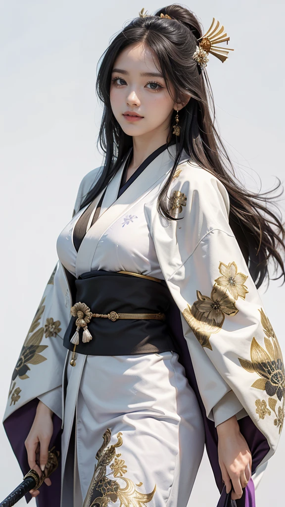 master piece,　best quality,　ultra detailed,　photorealistic,　voluptuous,　1 young girl,　fair skin,　pale skin,　long hair,　black hair,　smile,　mega breasts,　gorgeous bluck kimono,　cowboy shot,　looking up,　white background,　A gorgeous black and gold patterned kimono：1.2,　No exposed skin、Purple Cape、Holding a Japanese sword、samurai、