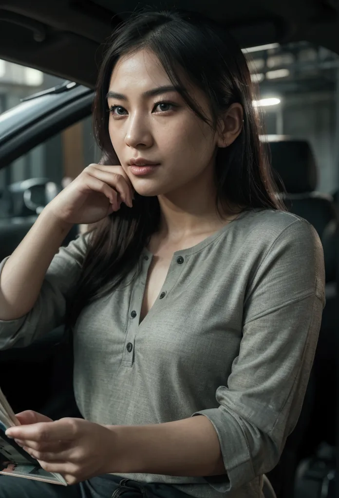 a ultra realistic photo of a a asian girl reading her book on a car, she look at her book, while some take a picture of discretl...