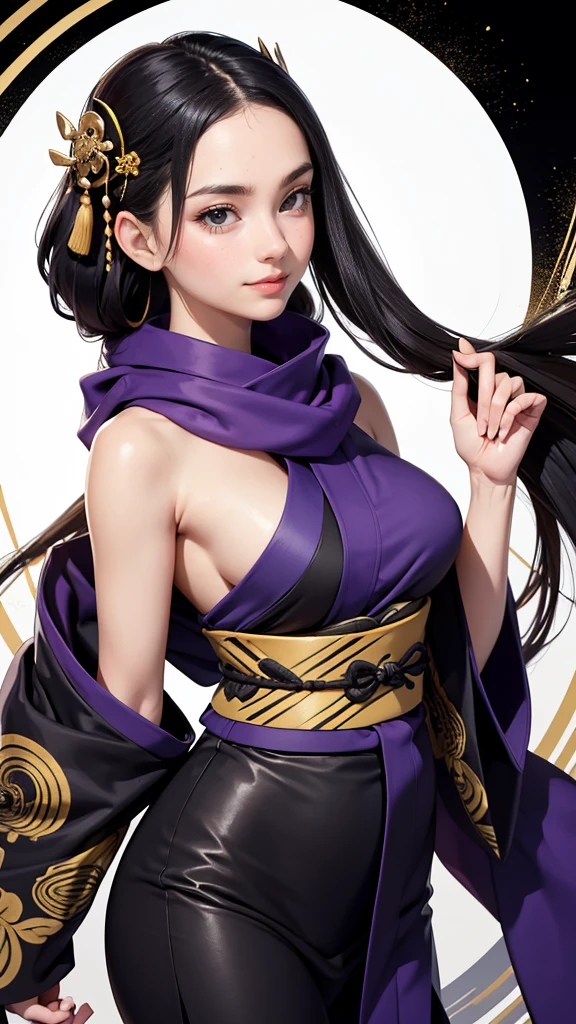 master piece,　best quality,　ultra detailed,　photorealistic,　voluptuous,　1 young girl,　fair skin,　pale skin,　long hair,　black hair,　smile,　mega breasts,　gorgeous bluck kimono,　cowboy shot,　looking up,　white background,　A gorgeous black and gold patterned kimono：1.2,　No exposed skin、Wearing a long purple scarf、Holding a Japanese sword、samurai、Black hakama