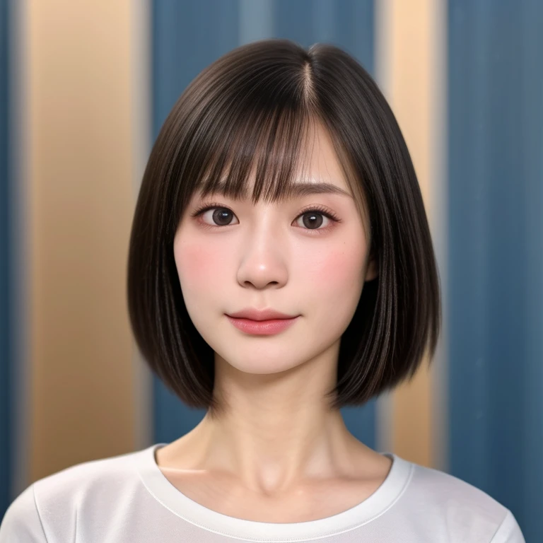 (kawaii 24 year-old Japanese girl, Nogizaka idol, Korean idol), healthy female athlete body, (glossy black hair, short hair, pixie cut, bangs:1.3), (rounded face, beautiful black eyes, single eyelid, no makeup, serious expression:1.2), (wearing slim fitted crew neck white t-shirt:1.3), extra small breasts, BREAK, (plain gray background:1.2), (id photo, yearbook photo, facing straight at the camera, cowboy shot:1.2),  BREAK, (masterpiece, best quality, photo realistic, official art:1.4), (UHD, 8K quality wallpaper, high resolution, raw photo, golden ratio:1.3), (shiny skin), professional lighting, physically based rendering, award winning, (highly detailed skin, extremely detailed face and eyes), Carl Zeiss 85 mm F/1.4, depth of field, 1girl, solo,