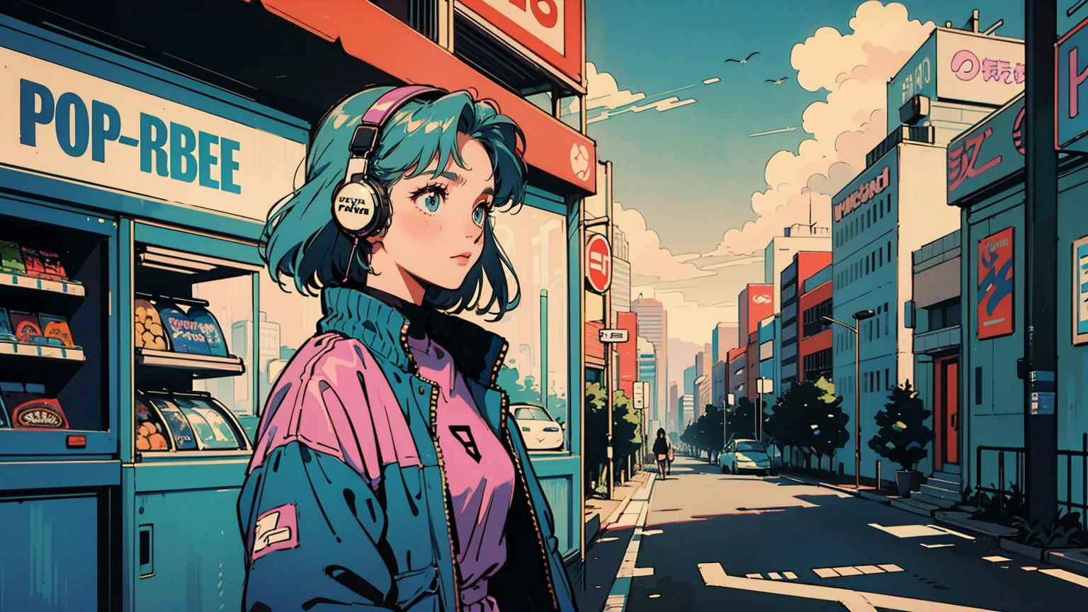 A sunny afternoon in a retro-futuristic Tokyo, a 18-year-old woman with long, pastel-colored hair wears a holographic jacket. She stands at a bustling intersection, headphones playing city pop. Her gaze is fixed on a vintage vending machine, expression curious and nostalgic. Around her, flying cars zoom overhead, AR advertisements flicker, and eco-friendly skyscrapers blend with traditional architecture. She embodies the fusion of past and future in this vibrant cityscape