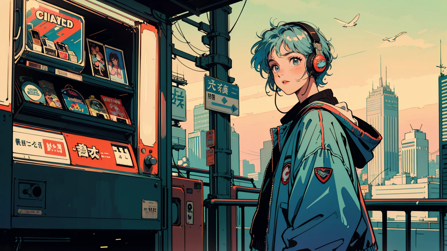 A sunny afternoon in a retro-futuristic Tokyo, a 18-year-old woman with long, pastel-colored hair wears a holographic jacket. She stands at a bustling intersection, headphones playing city pop. Her gaze is fixed on a vintage vending machine, expression curious and nostalgic. Around her, flying cars zoom overhead, AR advertisements flicker, and eco-friendly skyscrapers blend with traditional architecture. She embodies the fusion of past and future in this vibrant cityscape