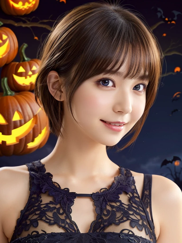 ((from below,upper body),A 25 years old girl, detailed cutie face, beautiful detailed eyes, detailed dropped eyes, left and right eyes are equal,beautiful charming big smile, extremely detailed face,slender body,short hair,anime style, (halloween costume):2.0), Highres fix,colorful lights, pumpkin decorations, haunted house, best quality, 4k, highres, masterpiece, realistic, photorealistic, photo-realistic, vivid colors, intricate details, fantasy, soft lighting, magical