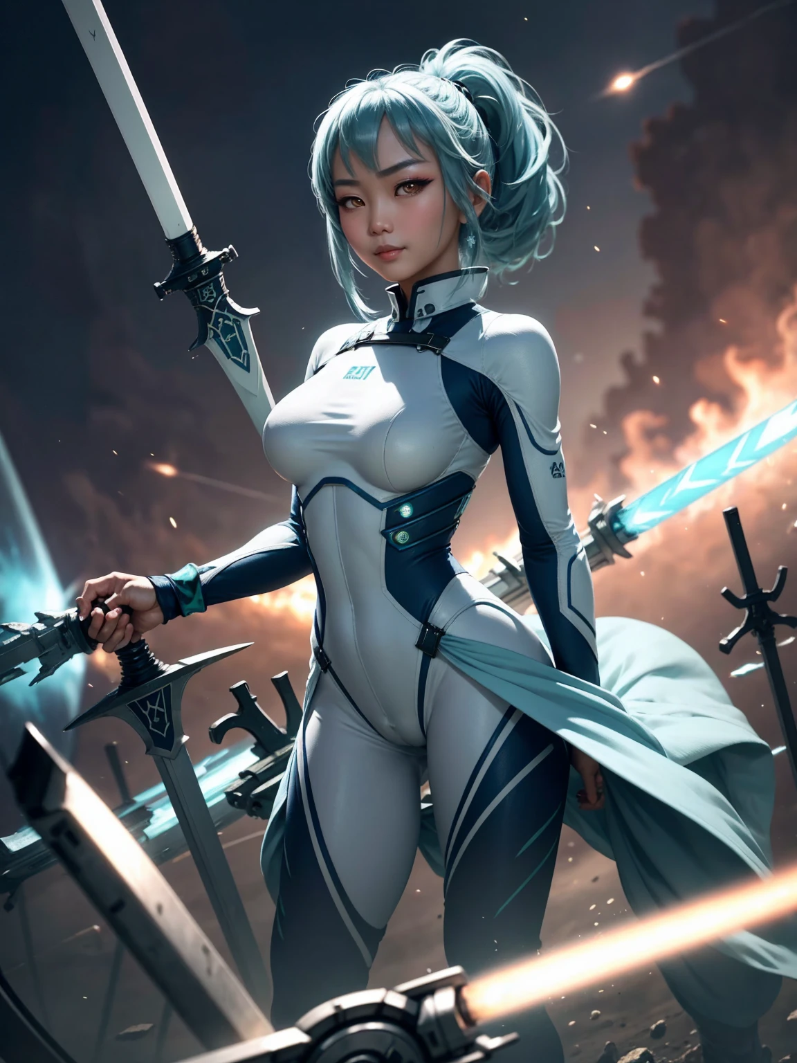 4K,hight resolution,One Asian Woman, light blue hair,poneyTail.Green eyes,Colossal ,White Cybersuit,Bodysuits, (holding Longsword), spaceship at the background in the space,Axe