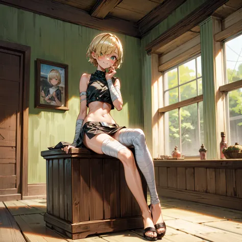 Solo character, full body version, baby kid girl, blonde hair, short haircut, one eye covered by hair, green eyes, cute face, sa...