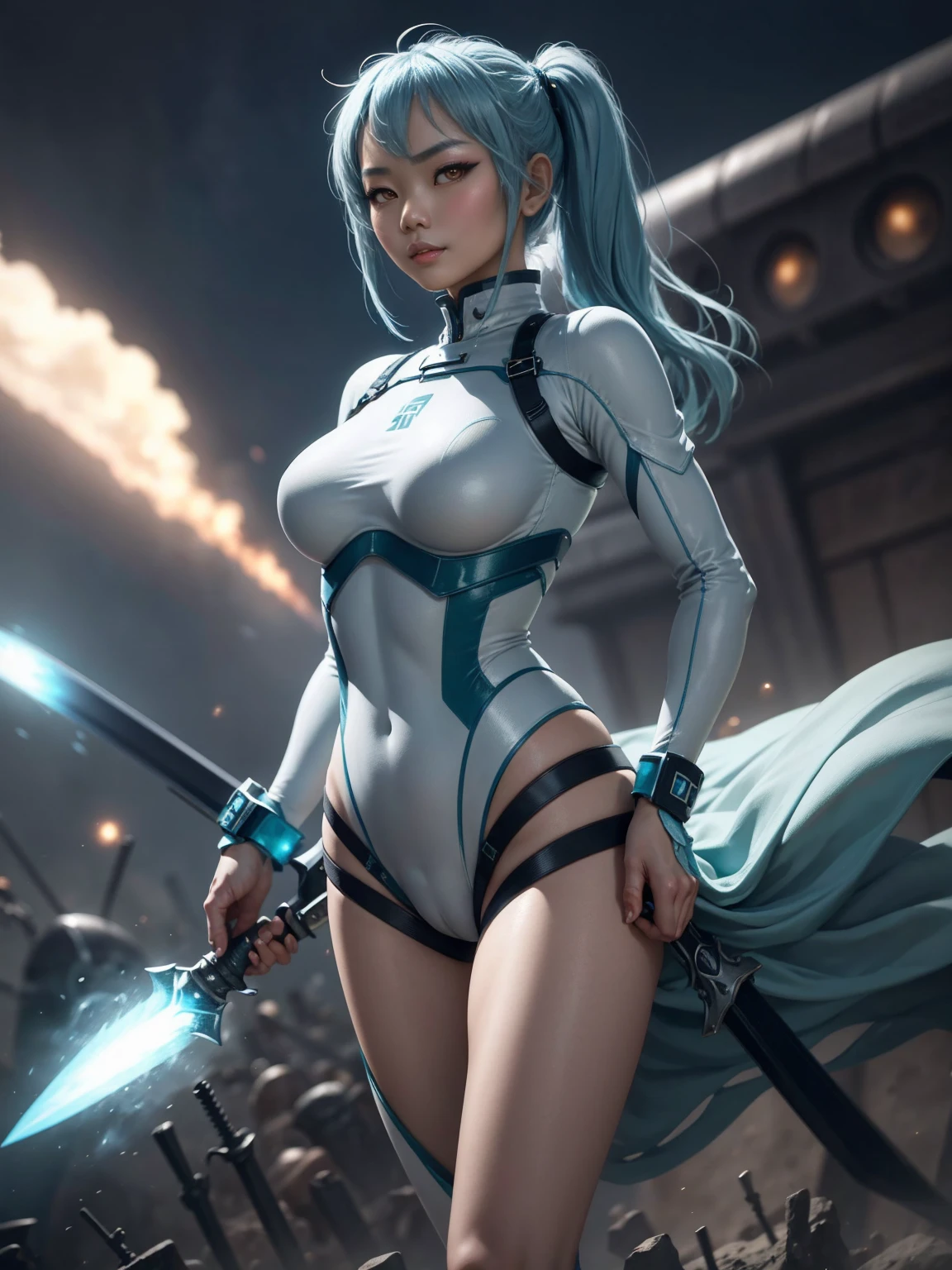 4K,hight resolution,One Asian Woman, light blue hair,poneyTail.Green eyes,Colossal ,White Cybersuit,Bodysuits, (holding Longsword), spaceship at the background in the space,Axe