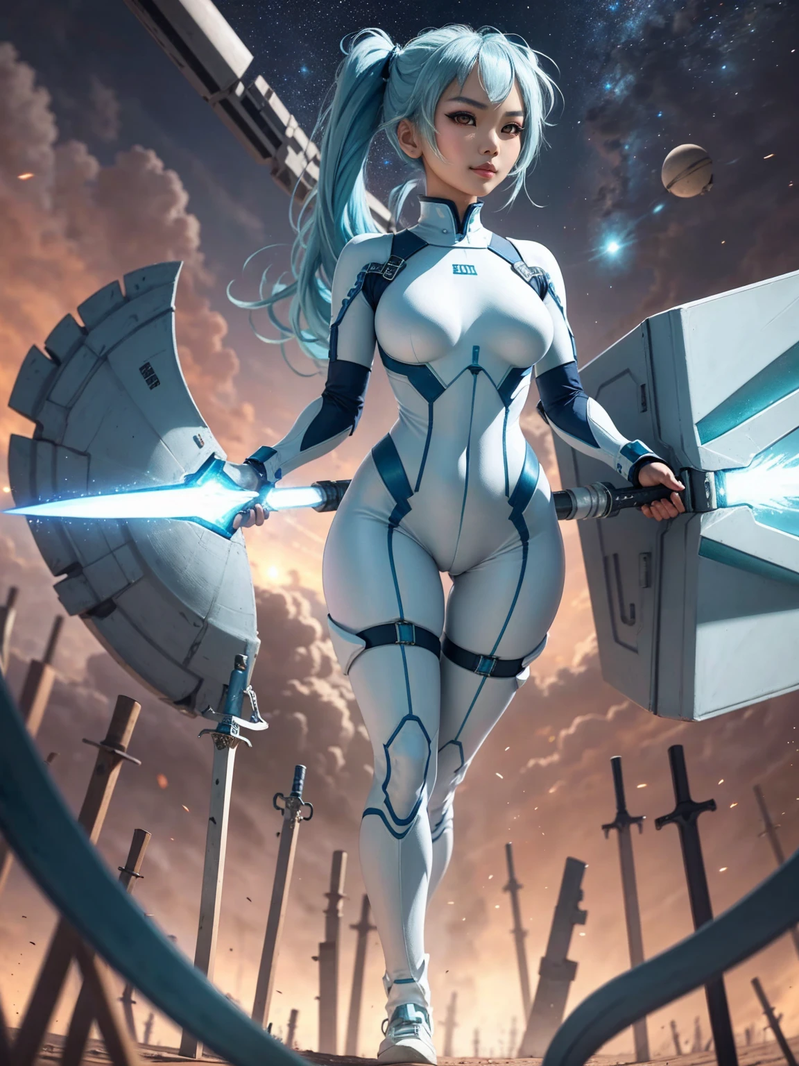 4K,hight resolution,One Asian Woman, light blue hair,poneyTail.Green eyes,Colossal ,White Cybersuit,Bodysuits, (holding Longsword), spaceship at the background in the space,Axe